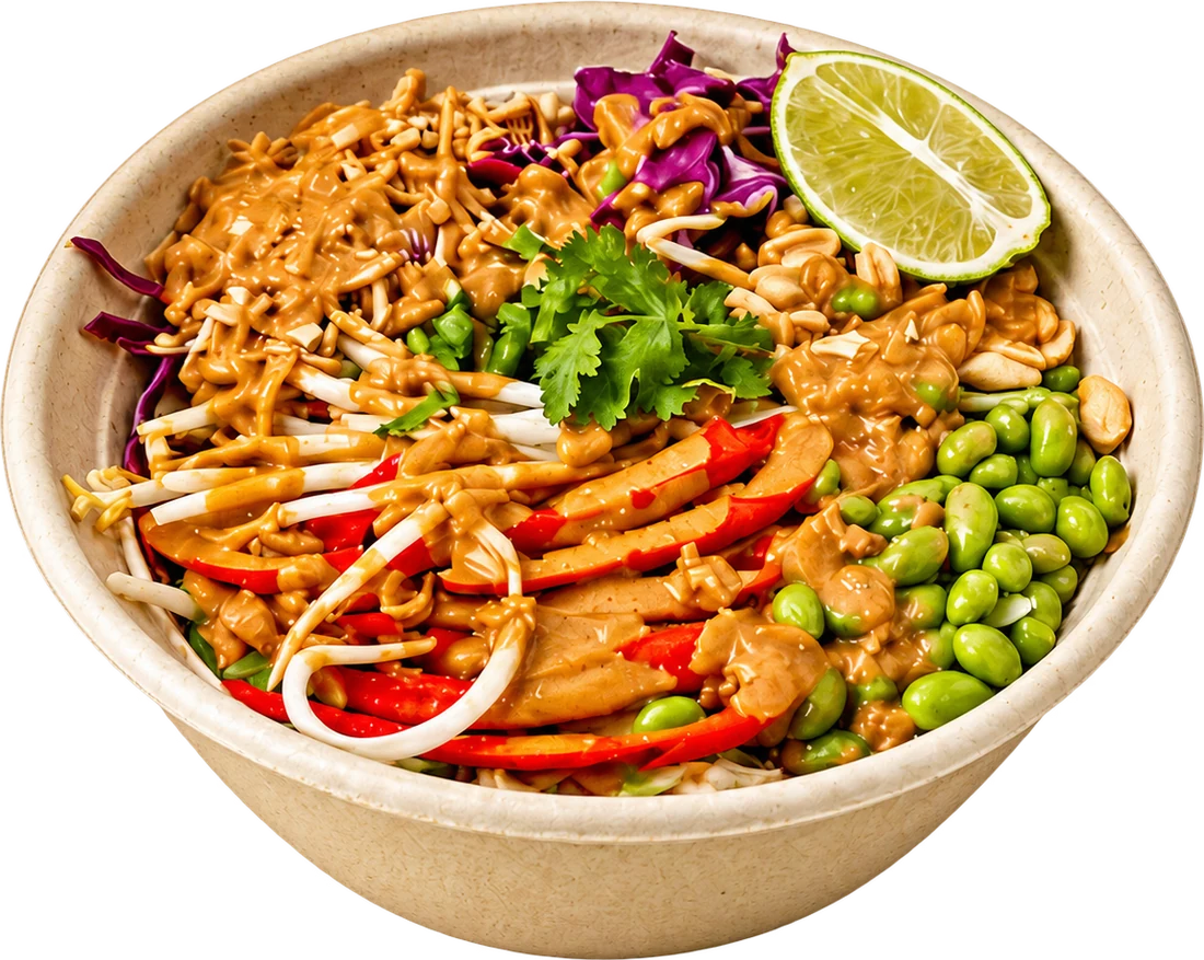 Salad bowl with peanut dressing, edamame and lime
